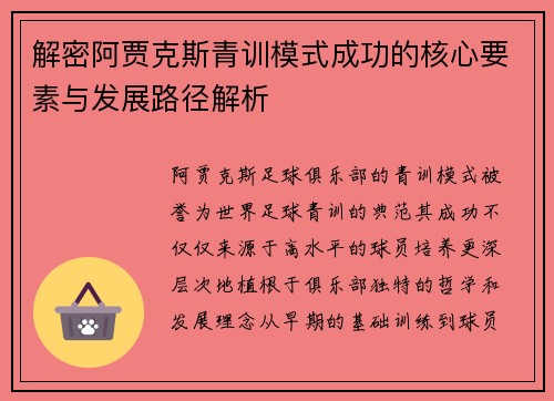 解密阿贾克斯青训模式成功的核心要素与发展路径解析
