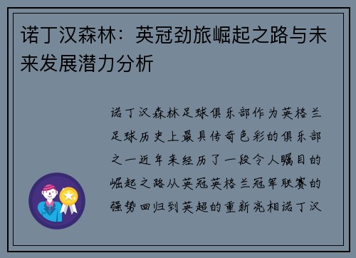 诺丁汉森林：英冠劲旅崛起之路与未来发展潜力分析
